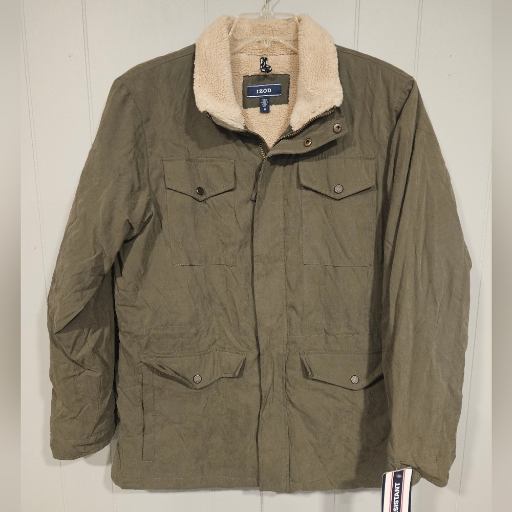 IZOD Men's Medium Green Faux Sherpa Trimmed Field Jacket Drawstring Waist NWT